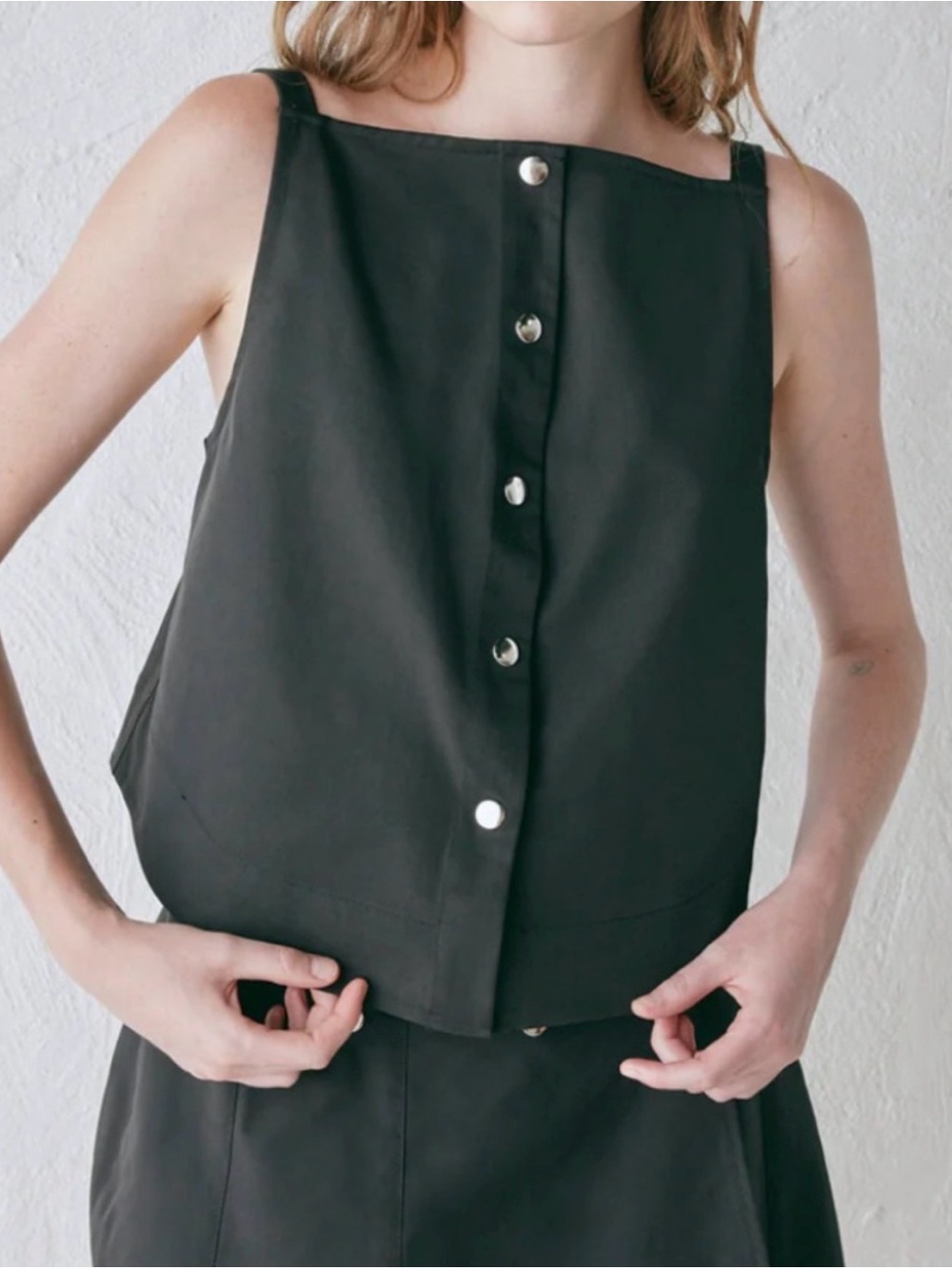 VRG GRL Black Button-Front Square Neck Top